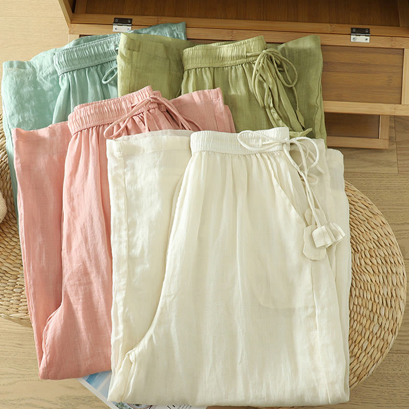 Casual Plain Lined Ribbon Elastic Women's Polyester Wide Leg Pants With Pockets - Image 24