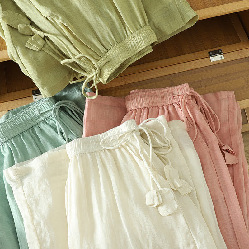 Casual Plain Lined Ribbon Elastic Women's Polyester Wide Leg Pants With Pockets - Image 25