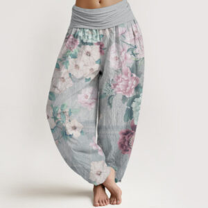 Pure Cotton Casual Peony Flower Women's Elastic Waist Harem Pants
