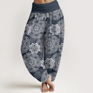 Pure Cotton Casual Round Mandala Flower Design Women's Elastic Waist Harem Pants