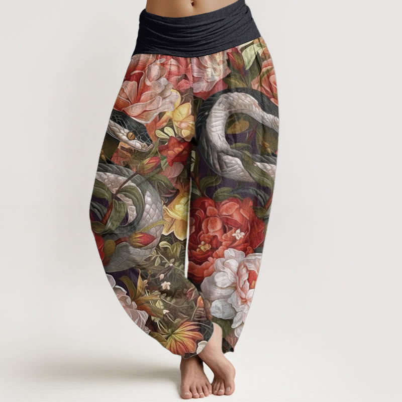 Pure Cotton Snake Peony Flowers Leaf Pattern Women's Elastic Waist Harem Pants