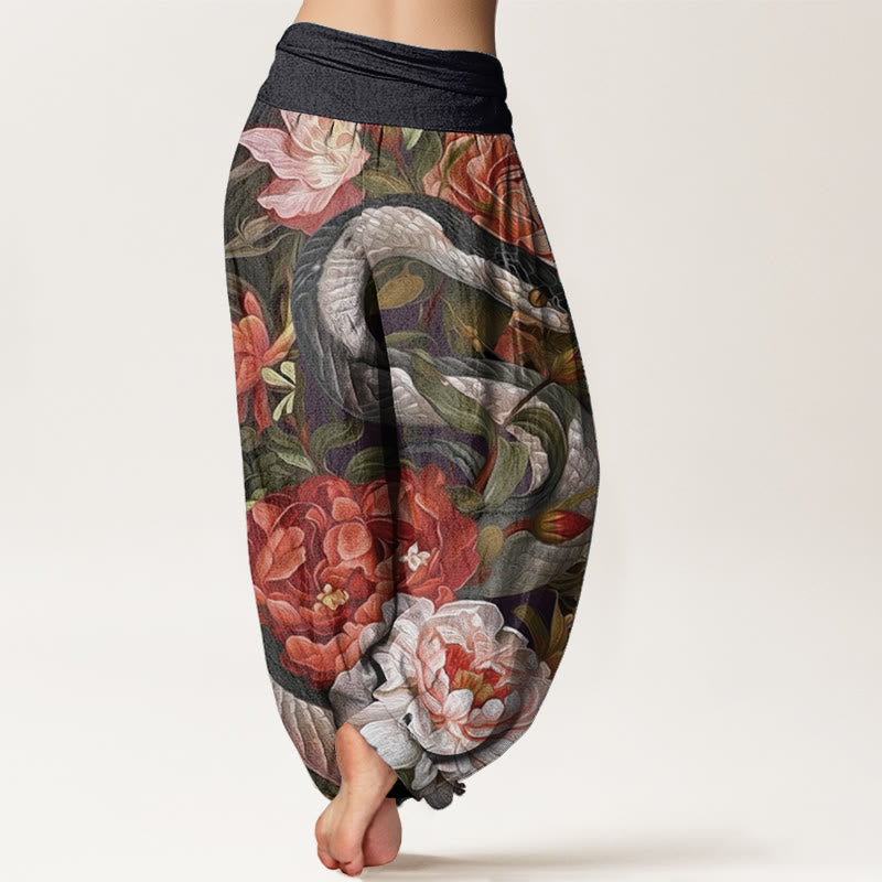 Pure Cotton Snake Peony Flowers Leaf Pattern Women's Elastic Waist Harem Pants - Image 2