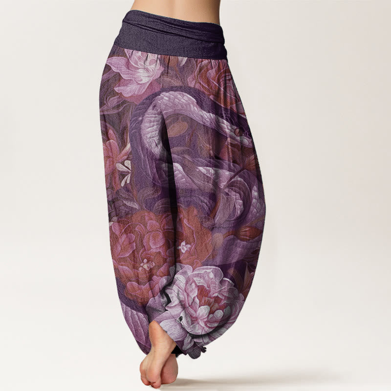 Pure Cotton Snake Peony Flowers Leaf Pattern Women's Elastic Waist Harem Pants - Image 7