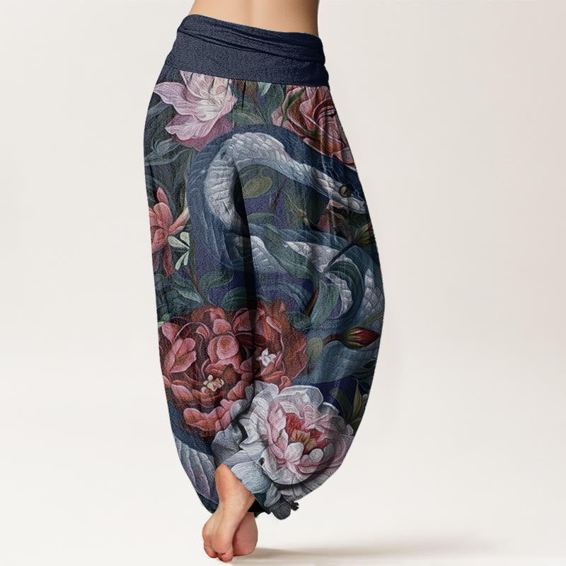 Pure Cotton Snake Peony Flowers Leaf Pattern Women's Elastic Waist Harem Pants - Image 10