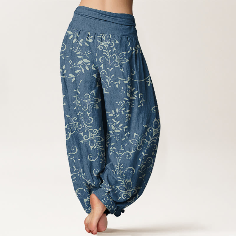 Pure Cotton Casual Flowers Vine Design Women's Elastic Waist Harem Pants - Image 2