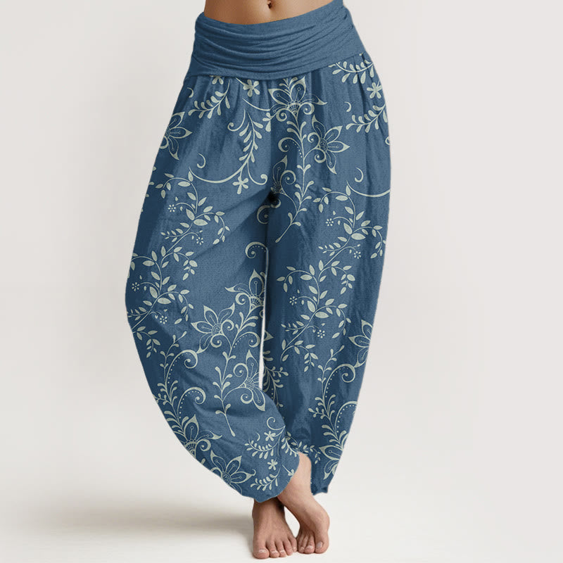 Pure Cotton Casual Flowers Vine Design Women's Elastic Waist Harem Pants