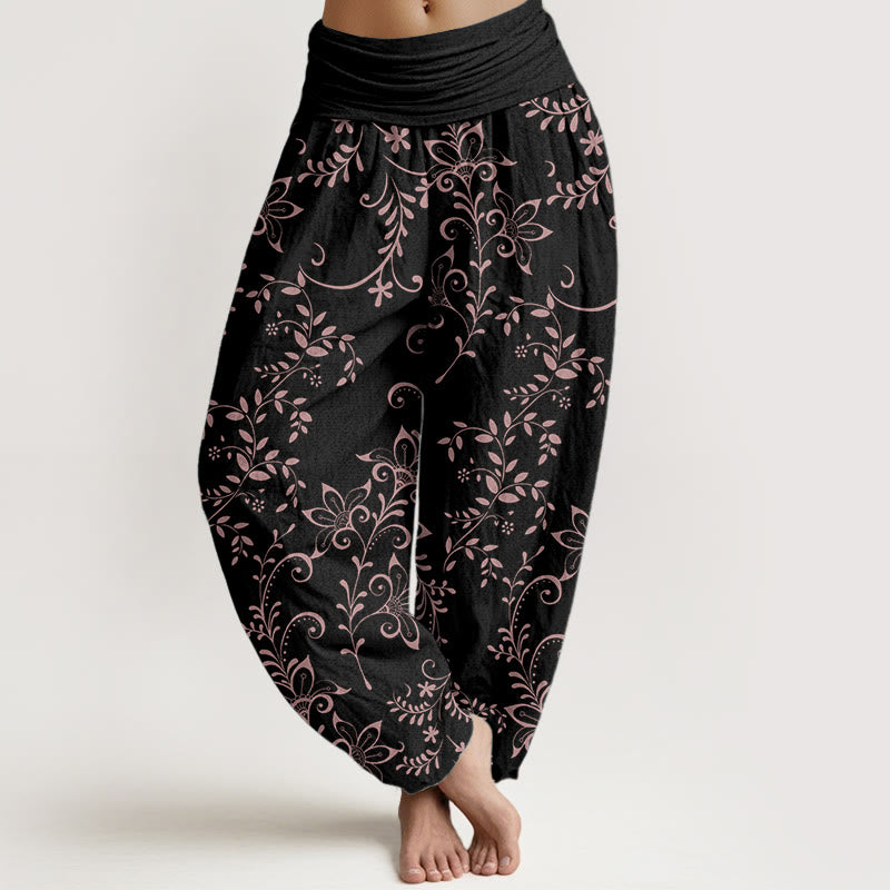Pure Cotton Casual Flowers Vine Design Women's Elastic Waist Harem Pants - Image 9