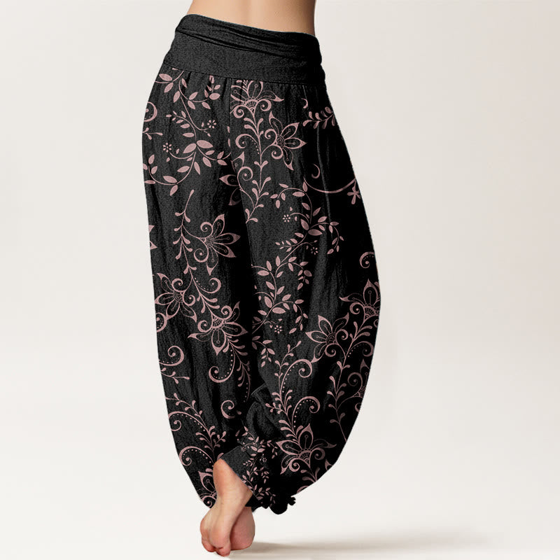 Pure Cotton Casual Flowers Vine Design Women's Elastic Waist Harem Pants - Image 10