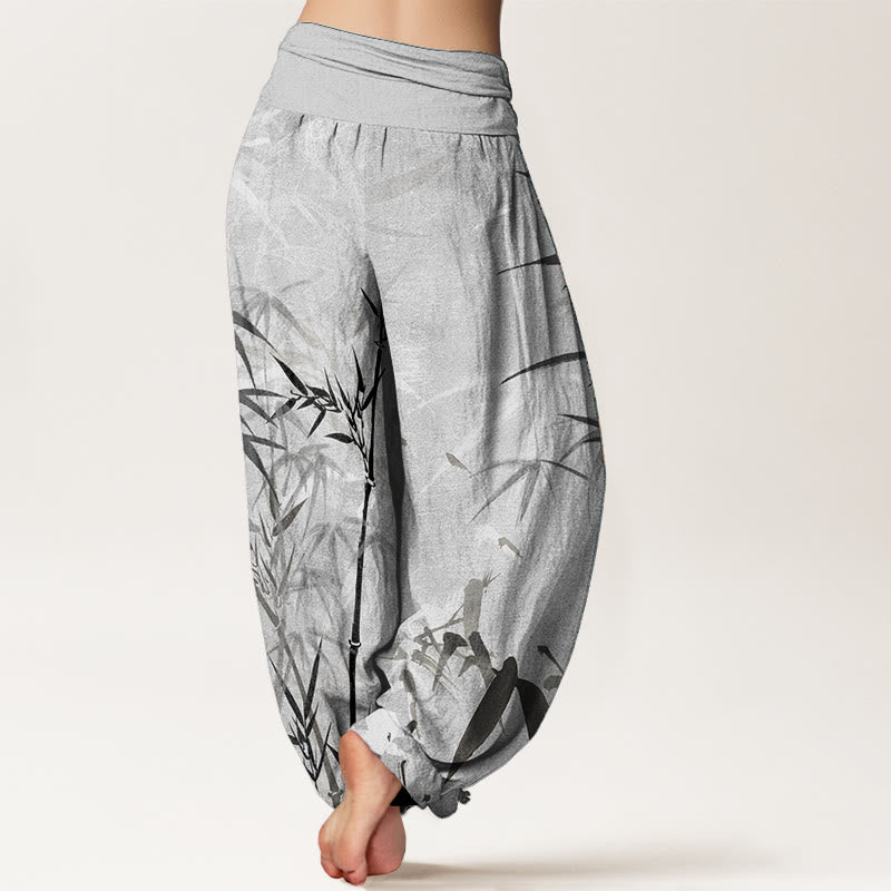 Pure Cotton Casual Bamboo Leaves Women's Elastic Waist Harem Pants - Image 2
