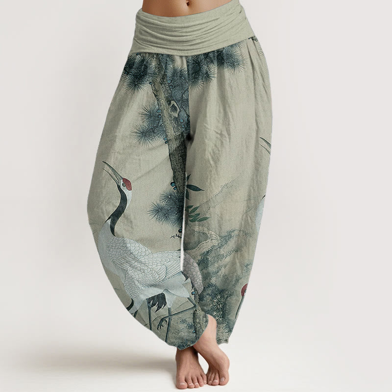 Pure Cotton Casual Red-crowned Crane Pine Tree Mountain Women's Elastic Waist Harem Pants - Image 6