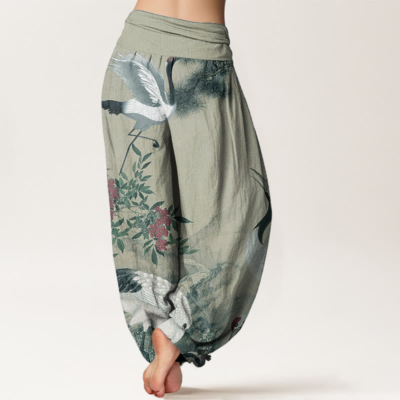 Pure Cotton Casual Red-crowned Crane Pine Tree Mountain Women's Elastic Waist Harem Pants - Image 7