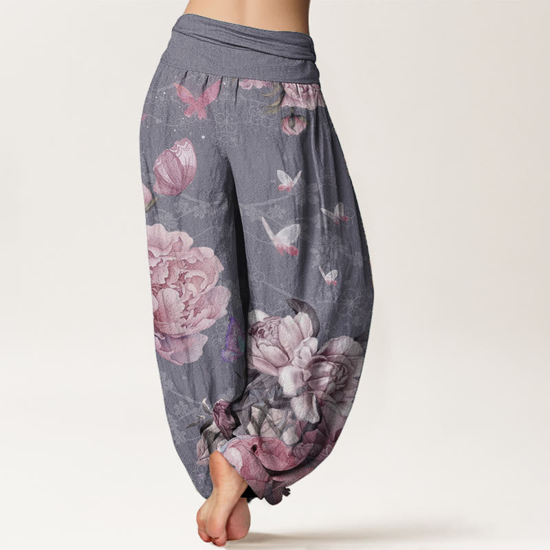 Pure Cotton Casual Bright Peony Flower Butterfly Women's Elastic Waist Harem Pants - Image 2