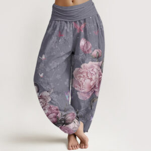 Pure Cotton Casual Bright Peony Flower Butterfly Women's Elastic Waist Harem Pants