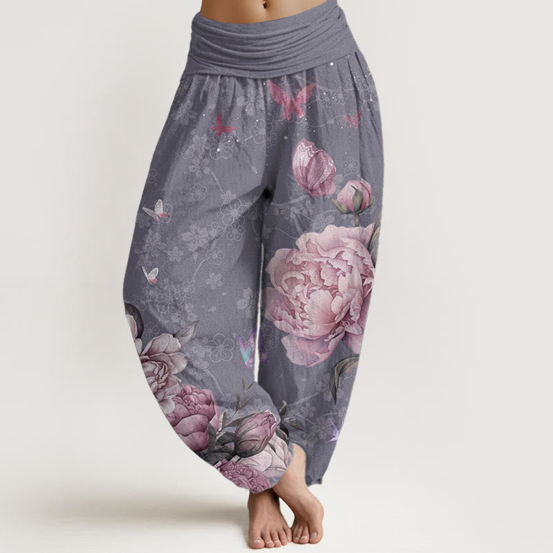 Pure Cotton Casual Bright Peony Flower Butterfly Women's Elastic Waist Harem Pants
