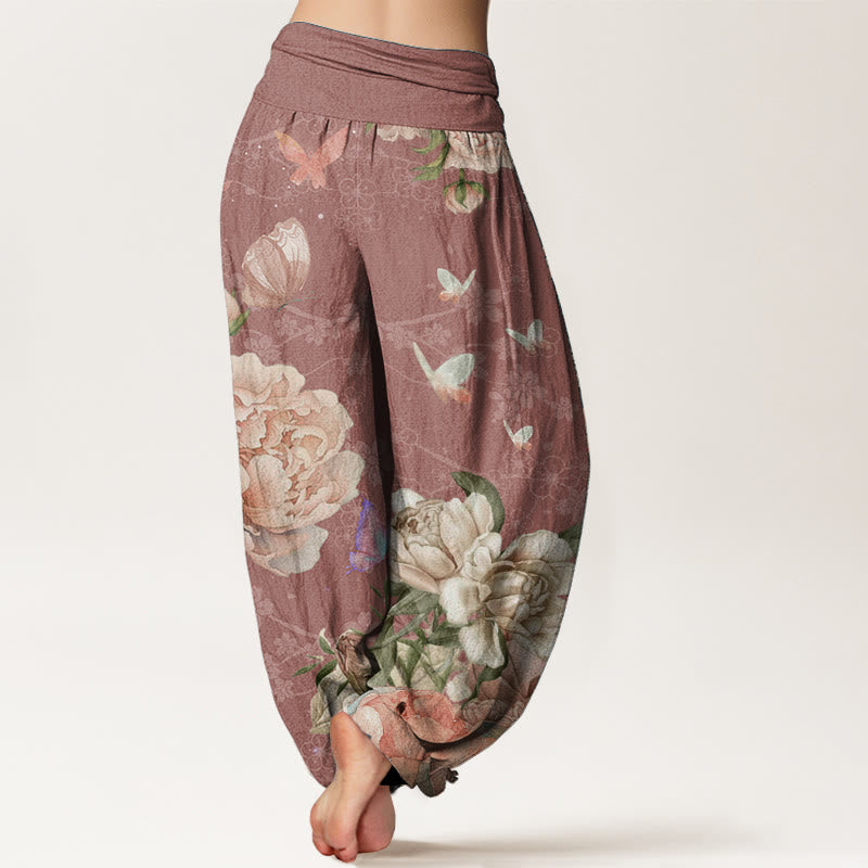 Pure Cotton Casual Bright Peony Flower Butterfly Women's Elastic Waist Harem Pants - Image 7