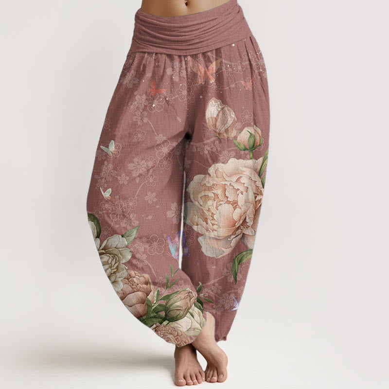 Pure Cotton Casual Bright Peony Flower Butterfly Women's Elastic Waist Harem Pants - Image 6