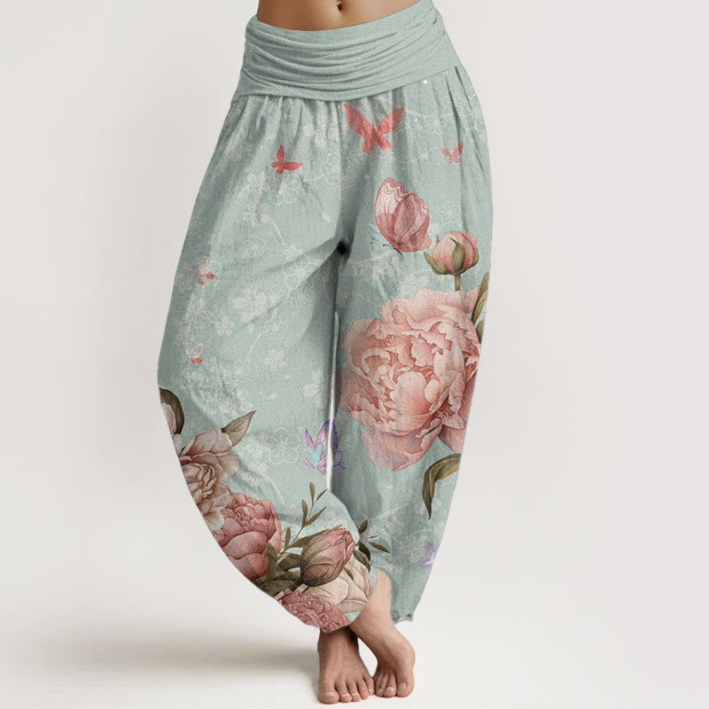 Pure Cotton Casual Bright Peony Flower Butterfly Women's Elastic Waist Harem Pants - Image 9