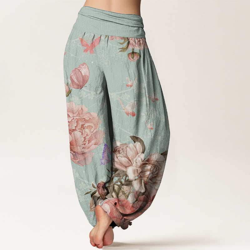 Pure Cotton Casual Bright Peony Flower Butterfly Women's Elastic Waist Harem Pants - Image 10