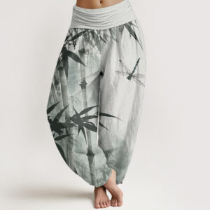 Pure Cotton Casual Bamboo Leaves Dragonfly Pattern Women's Elastic Waist Harem Pants
