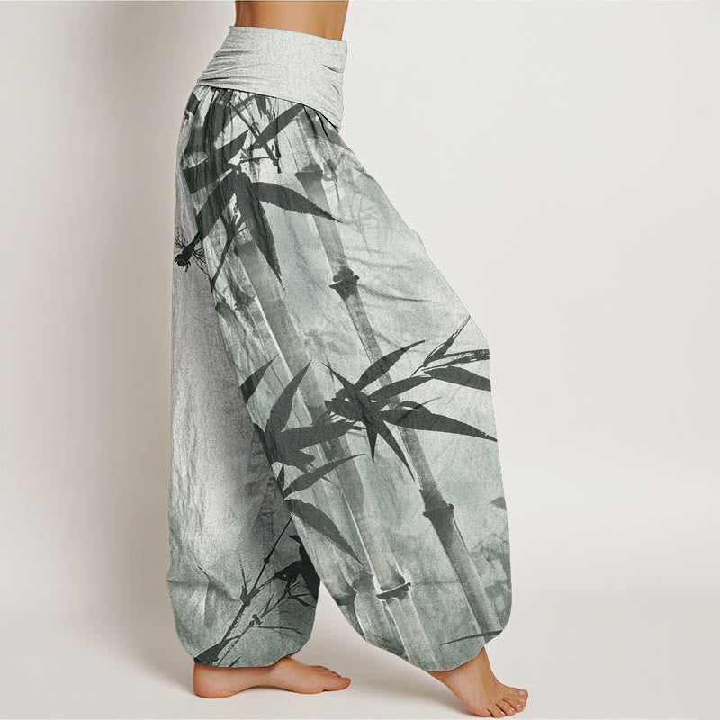 Pure Cotton Casual Bamboo Leaves Dragonfly Pattern Women's Elastic Waist Harem Pants - Image 3