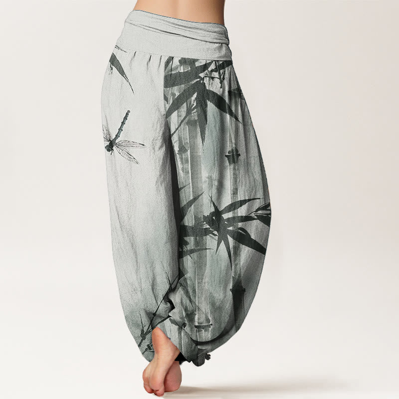 Pure Cotton Casual Bamboo Leaves Dragonfly Pattern Women's Elastic Waist Harem Pants - Image 2