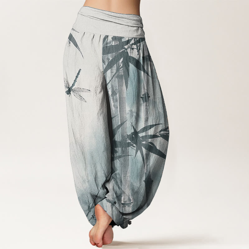 Pure Cotton Casual Bamboo Leaves Dragonfly Pattern Women's Elastic Waist Harem Pants - Image 11