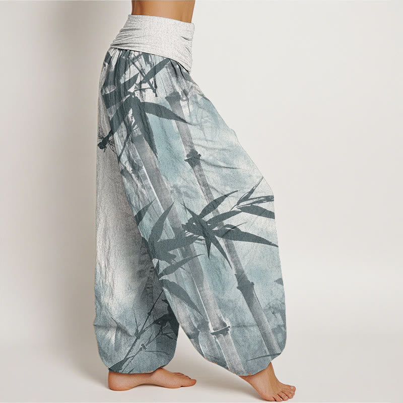 Pure Cotton Casual Bamboo Leaves Dragonfly Pattern Women's Elastic Waist Harem Pants - Image 12