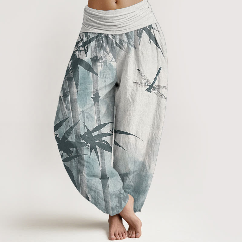 Pure Cotton Casual Bamboo Leaves Dragonfly Pattern Women's Elastic Waist Harem Pants - Image 10