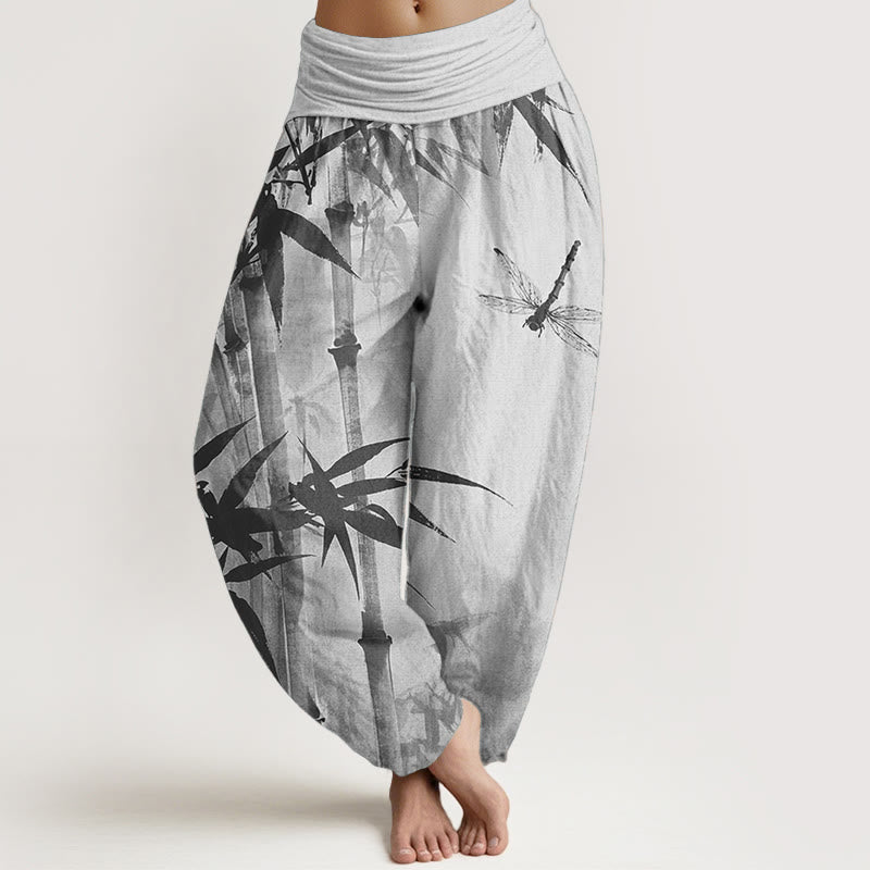 Pure Cotton Casual Bamboo Leaves Dragonfly Pattern Women's Elastic Waist Harem Pants - Image 7