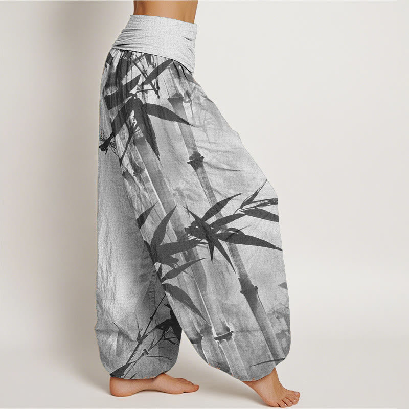 Pure Cotton Casual Bamboo Leaves Dragonfly Pattern Women's Elastic Waist Harem Pants - Image 9