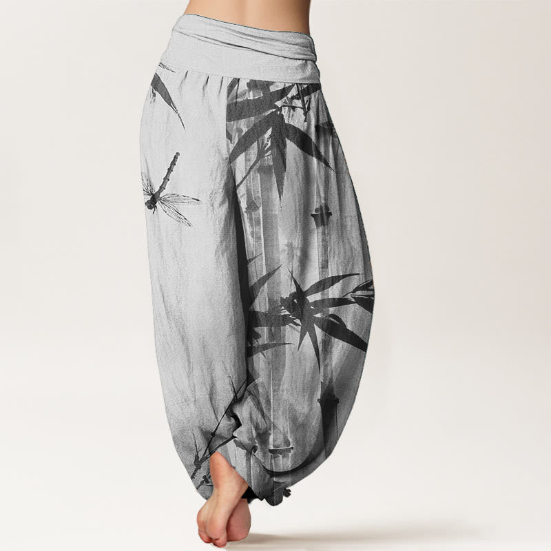Pure Cotton Casual Bamboo Leaves Dragonfly Pattern Women's Elastic Waist Harem Pants - Image 8