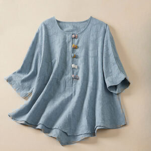 Casual Flower Colorful Frog Button Half Sleeve Cotton Linen Women's Shirt