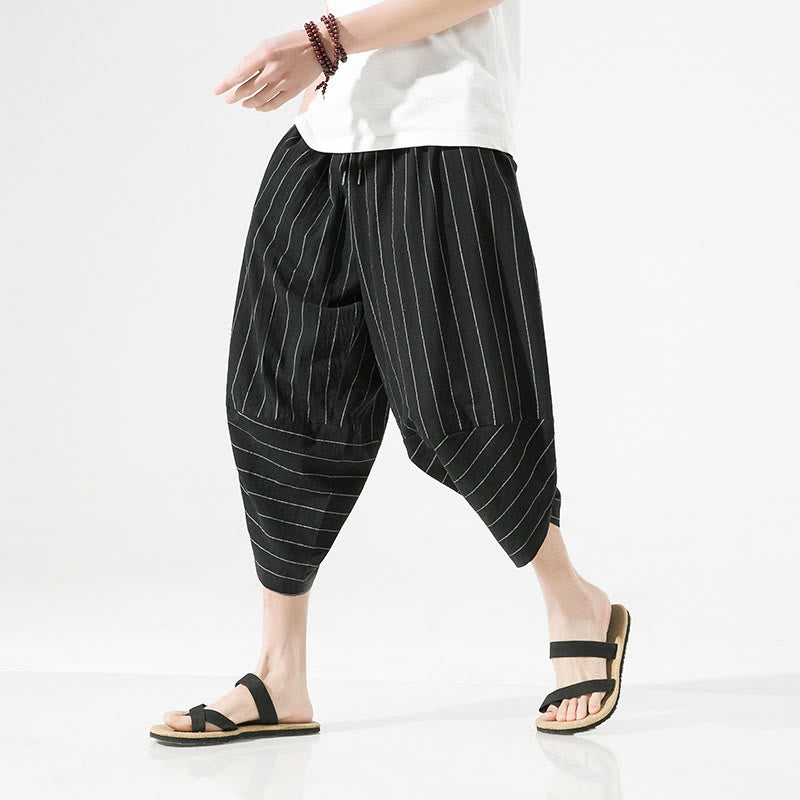 Casual Plain Stripes Pattern Drawstring Men's 7-8 Length Cotton Linen Harem Pants With Pockets - Image 2