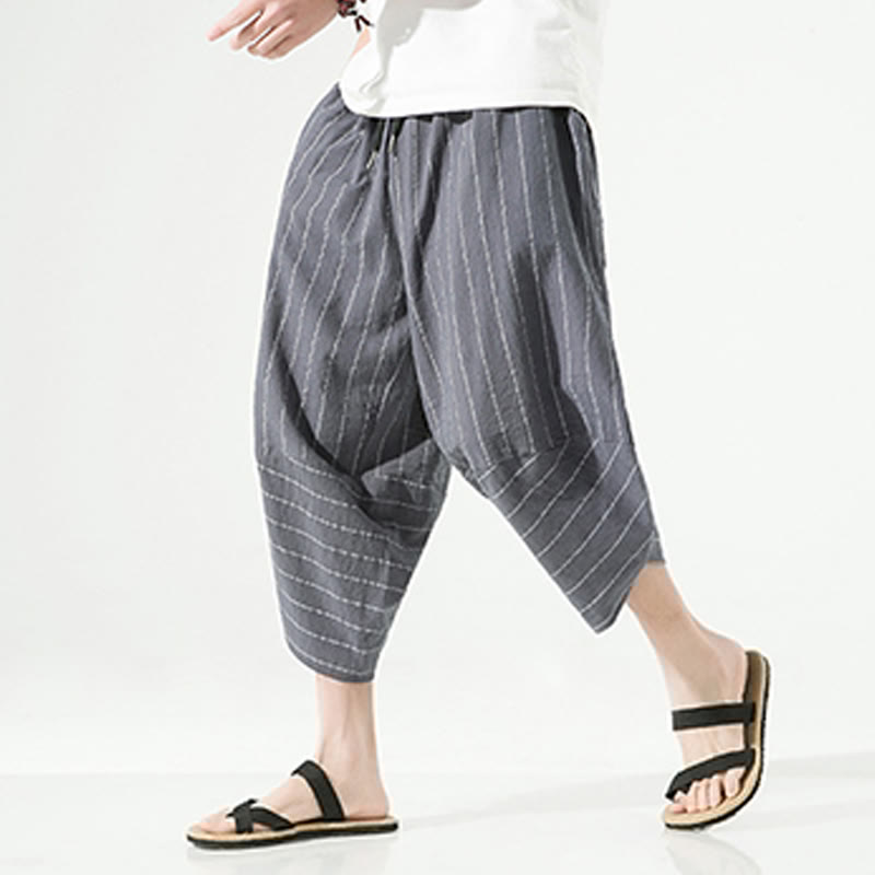 Casual Plain Stripes Pattern Drawstring Men's 7-8 Length Cotton Linen Harem Pants With Pockets - Image 9
