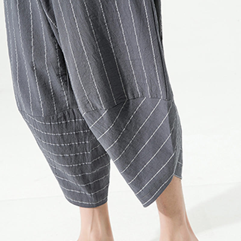 Casual Plain Stripes Pattern Drawstring Men's 7-8 Length Cotton Linen Harem Pants With Pockets - Image 18