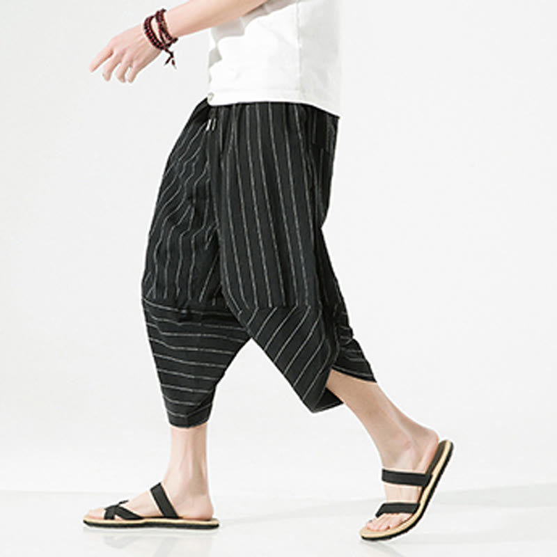 Casual Plain Stripes Pattern Drawstring Men's 7-8 Length Cotton Linen Harem Pants With Pockets