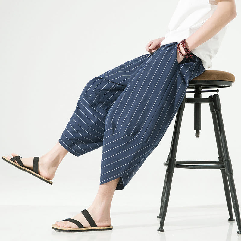 Casual Plain Stripes Pattern Drawstring Men's 7-8 Length Cotton Linen Harem Pants With Pockets - Image 26