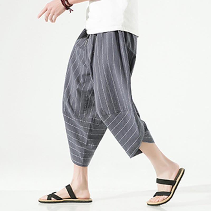 Casual Plain Stripes Pattern Drawstring Men's 7-8 Length Cotton Linen Harem Pants With Pockets - Image 10