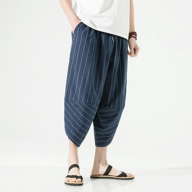 Casual Plain Stripes Pattern Drawstring Men's 7-8 Length Cotton Linen Harem Pants With Pockets - Image 24