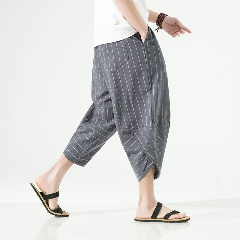 Casual Plain Stripes Pattern Drawstring Men's 7-8 Length Cotton Linen Harem Pants With Pockets - Image 12