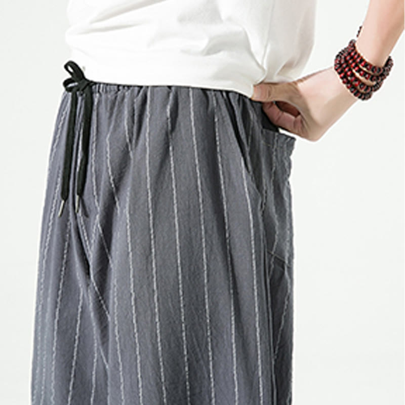 Casual Plain Stripes Pattern Drawstring Men's 7-8 Length Cotton Linen Harem Pants With Pockets - Image 16