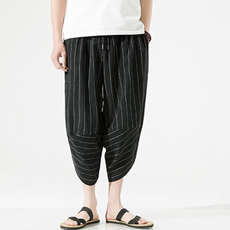 Casual Plain Stripes Pattern Drawstring Men's 7-8 Length Cotton Linen Harem Pants With Pockets - Image 3