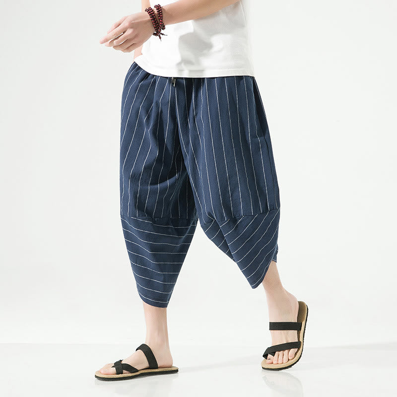 Casual Plain Stripes Pattern Drawstring Men's 7-8 Length Cotton Linen Harem Pants With Pockets - Image 21