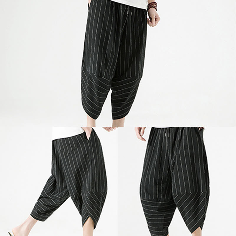 Casual Plain Stripes Pattern Drawstring Men's 7-8 Length Cotton Linen Harem Pants With Pockets - Image 7