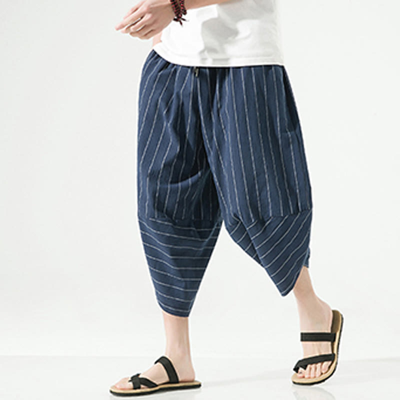 Casual Plain Stripes Pattern Drawstring Men's 7-8 Length Cotton Linen Harem Pants With Pockets - Image 20