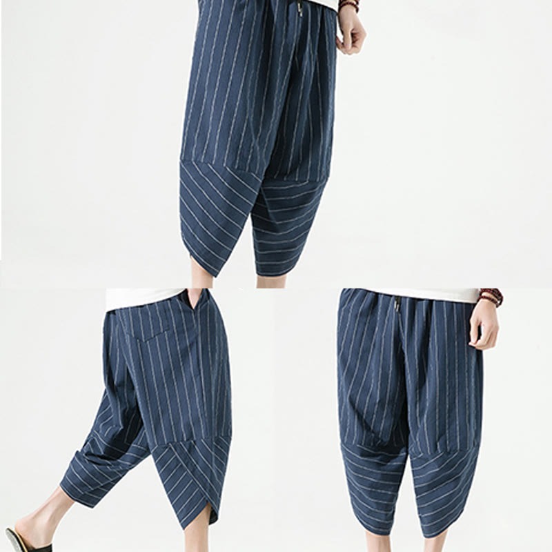 Casual Plain Stripes Pattern Drawstring Men's 7-8 Length Cotton Linen Harem Pants With Pockets - Image 27