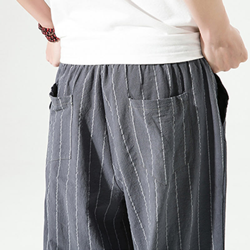 Casual Plain Stripes Pattern Drawstring Men's 7-8 Length Cotton Linen Harem Pants With Pockets - Image 17