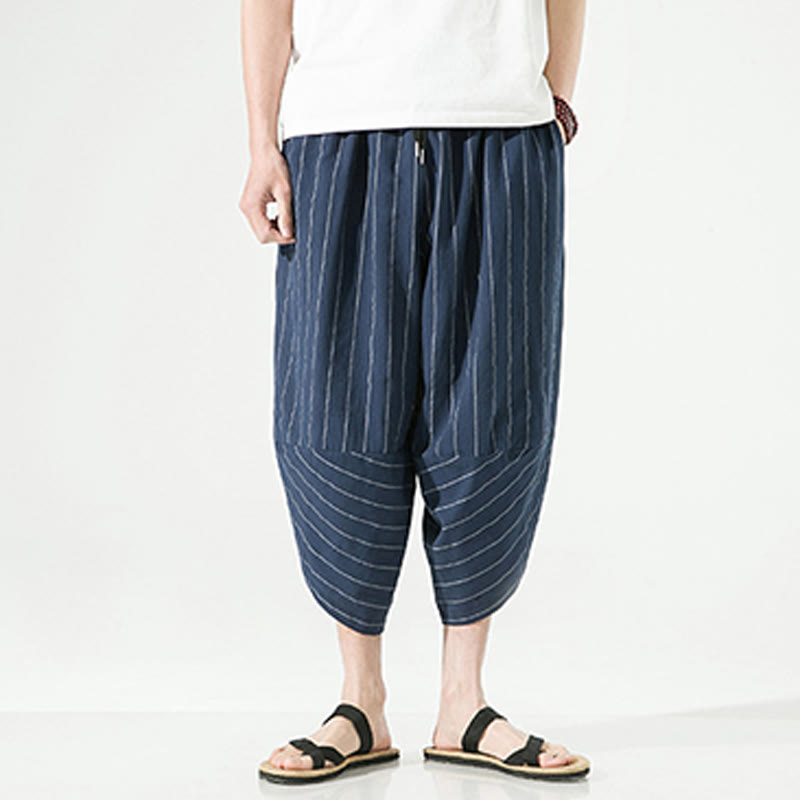Casual Plain Stripes Pattern Drawstring Men's 7-8 Length Cotton Linen Harem Pants With Pockets - Image 23
