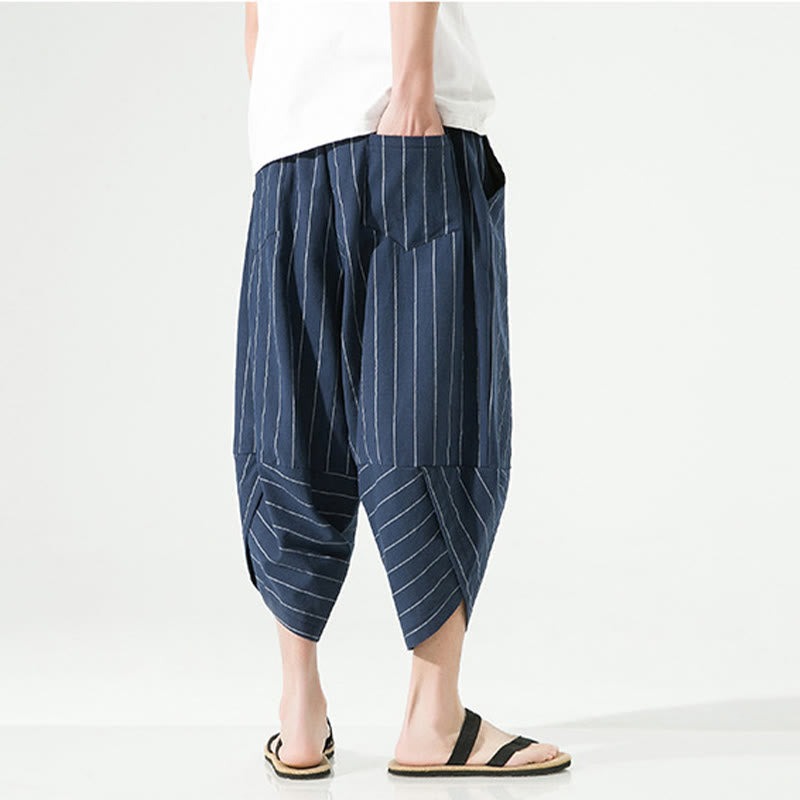 Casual Plain Stripes Pattern Drawstring Men's 7-8 Length Cotton Linen Harem Pants With Pockets - Image 25
