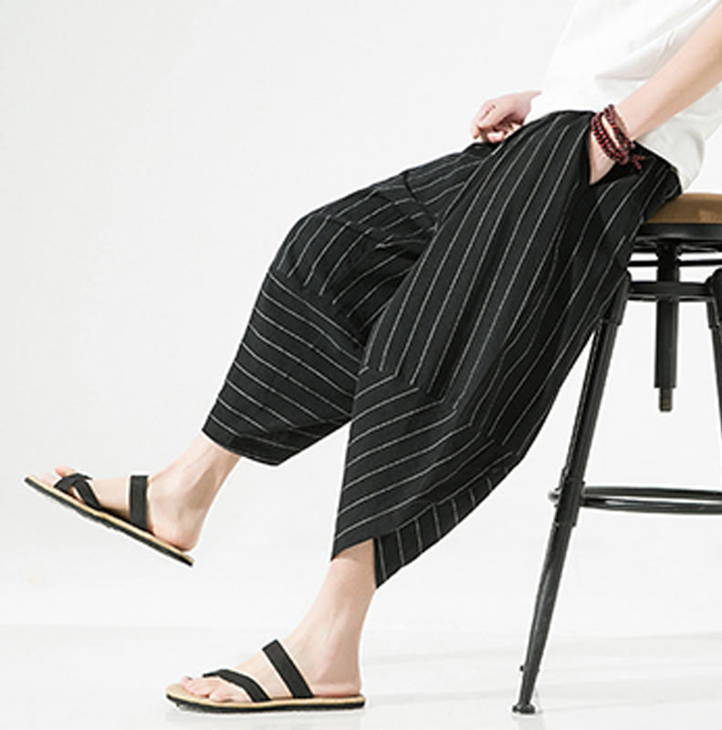 Casual Plain Stripes Pattern Drawstring Men's 7-8 Length Cotton Linen Harem Pants With Pockets - Image 6